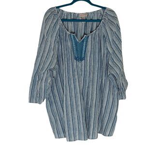 Catherines Embroidered Blouse Shirt Top Stripe Turquoise Metallic Silver 3X
